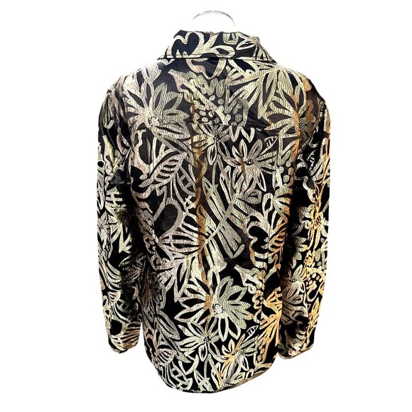Chicos 2 Black Jacket Gold Silk Blend Floral Sheer Artwear City Style Metallic - Picture 4 of 9